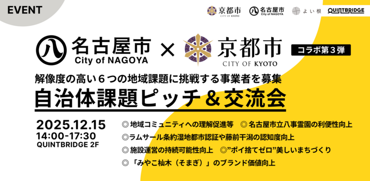 【名古屋市×京都市コラボ企画】解像度の高い地域課題に挑戦 自治体課題ピッチ＆交流会 第3弾